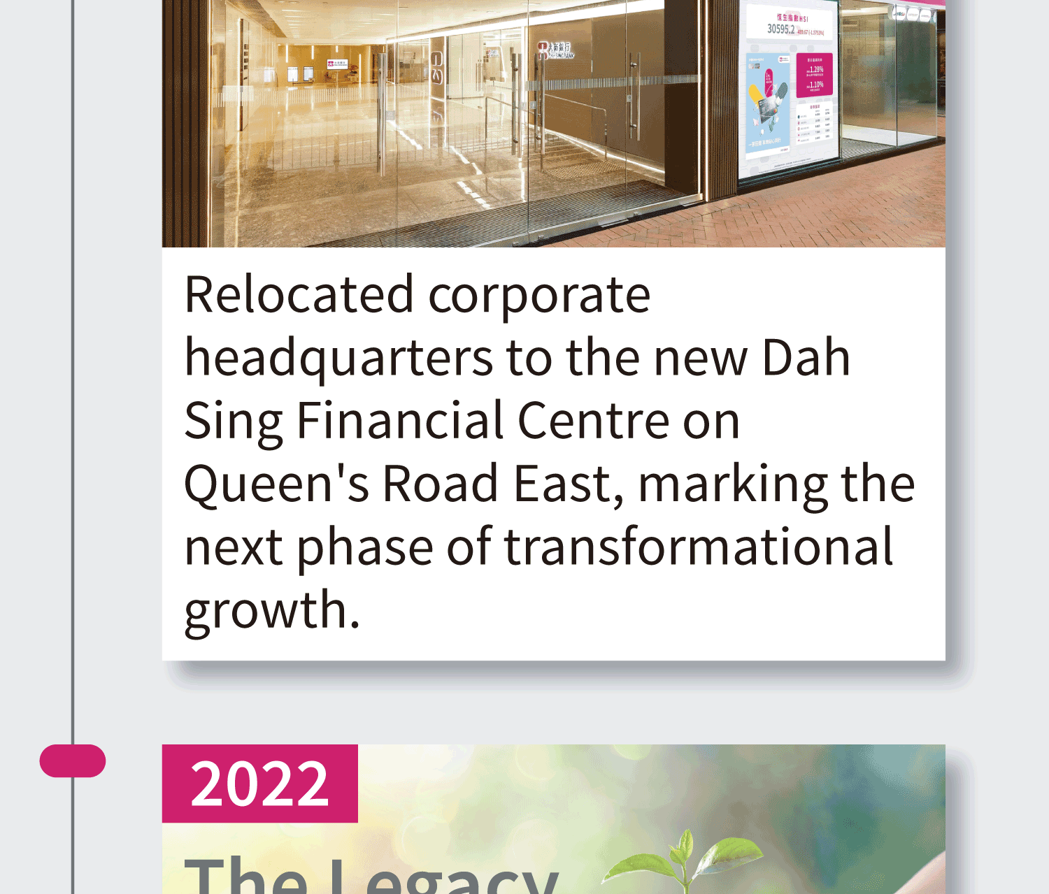 2021 Relocated corporate headquarters to the new Dah Sing Financial Centre on Queen's Road East