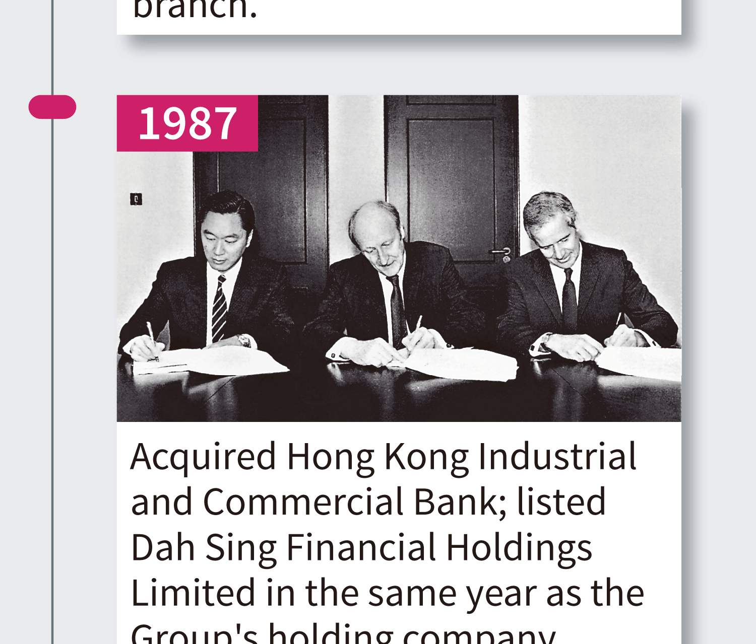 1987 Acquired Hong Kong Industrial and Commercial Bank and listed Dah Sing Financial Holdings Limited in the same year