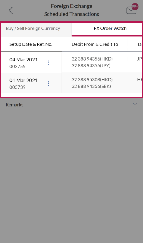 Select the instruction to amend under FX Order Watch tab.