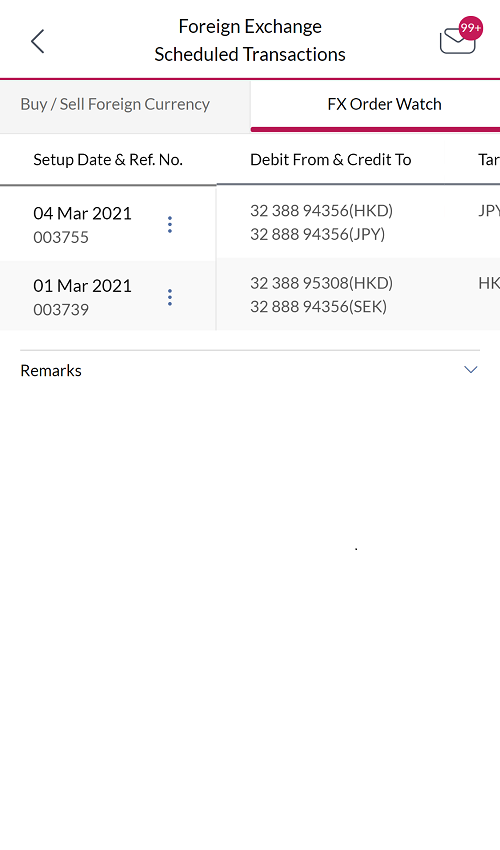 Check your outstanding order under FX Order Watch tab via Foreign Exchange Scheduled Transactions.