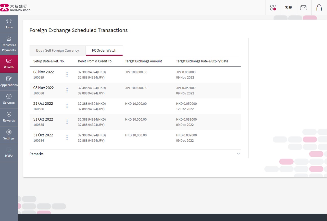 Check your outstanding order under FX Order Watch tab via Foreign Exchange Scheduled Transactions.